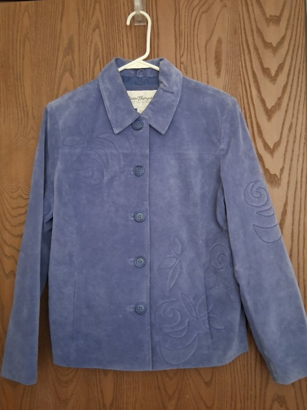 Vintage Norm Thompson Women's Blue Leather Floral Stitched Jacket Blazer Medium